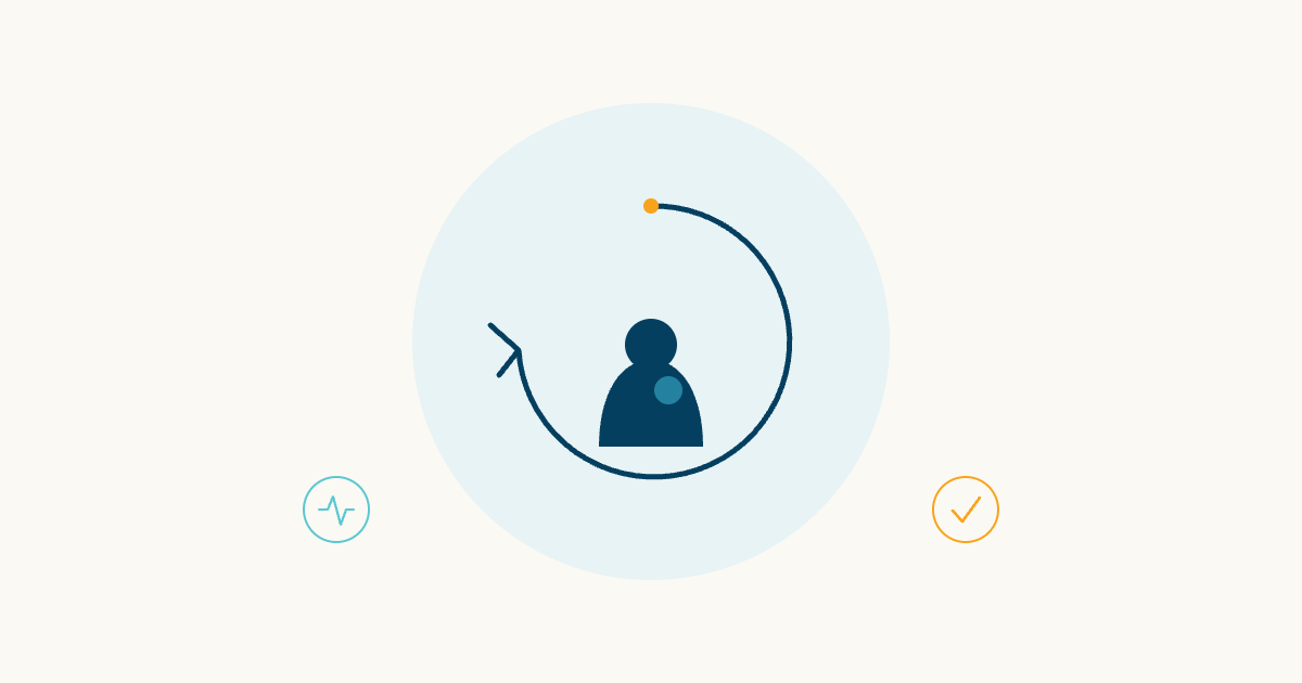 Illustrated navy loop opening outward to break a repeating cycle, with a calm mother-and-infant silhouette below and two small icons in teal and orange in Synapse Mind Clinics' brand colors