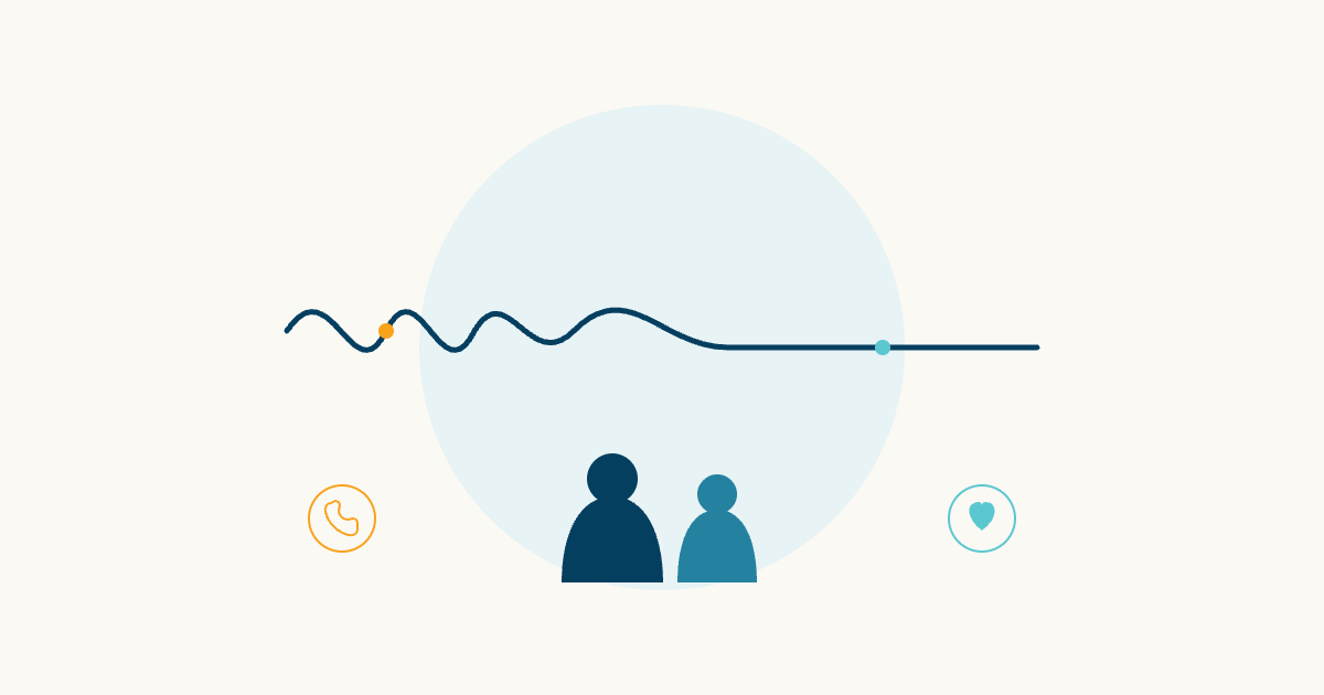 Illustrated navy wave moving from turbulent to calm, with a supported mother-and-partner silhouette below and small orange and teal icons representing urgent care and support, in Synapse Mind Clinics' brand colors